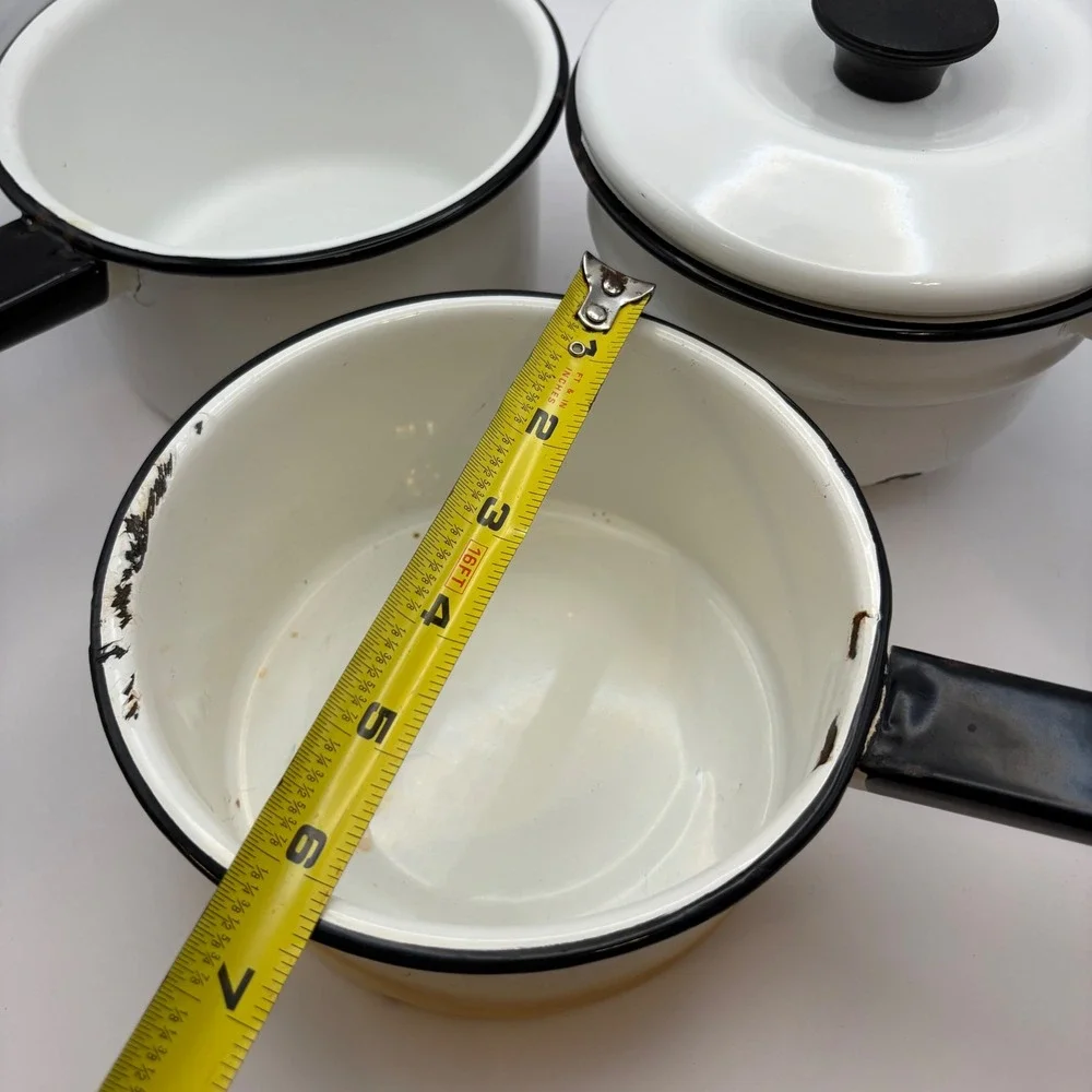 Vintage White Enamelware Double Boiler Saucepan Mug Black Trim Farmhouse 5 Piece